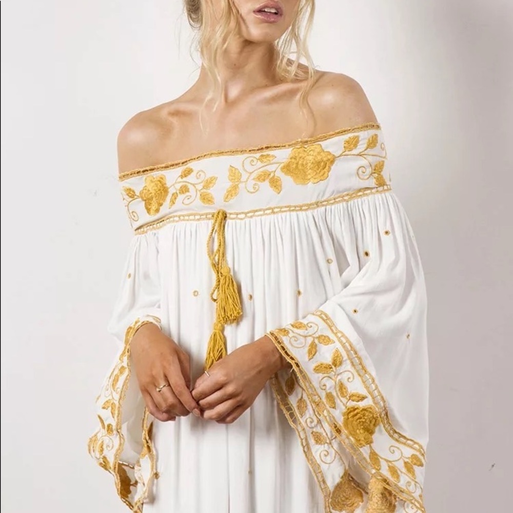New 5⭐️Star Boho Embroidered Gold Lima Leaf Capri Kimono Maxi Dress, White Gown